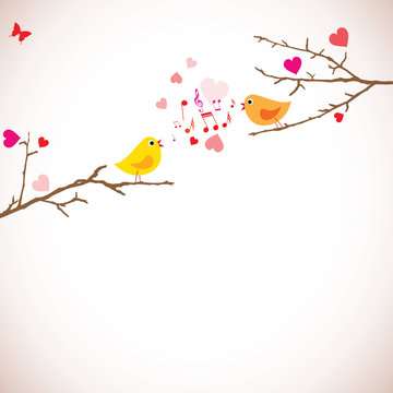 Valentine's day background. Birds on branches (vector)
