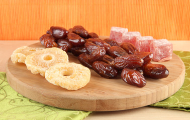 Dried dates with candied pineapples and Turkish delights