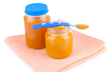 Jars  of various baby food, isolated on white