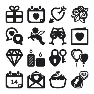 Valentines Day flat icons. Black