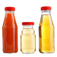 Baby food (juices) in glass jars, isolated on white