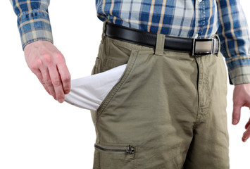 Man showing his empty pocket isolated on white