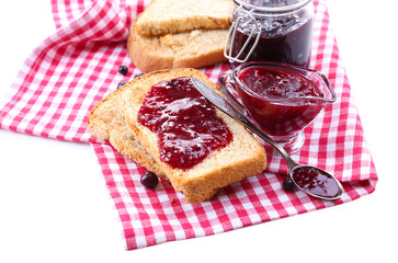 Delicious toast with jam isolated on white