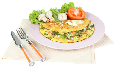 Omelet with mushrooms isolated on white