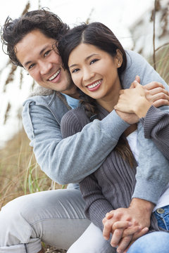 Asian Man Woman Romantic Couple on Beach Dunes