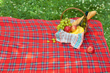 Picnic basket with fruits on the blanket