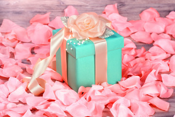 A green gift with a rose ribbon on the rose petals