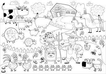 Tuinposter Funny farm family in black and white. © ddraw