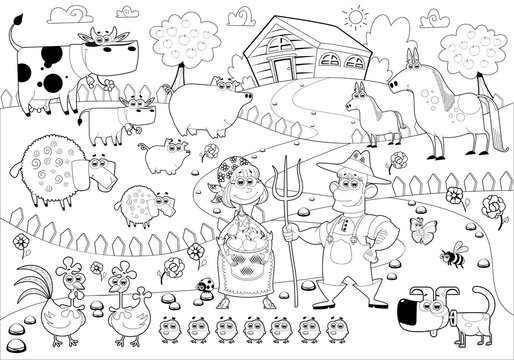 Funny farm family in black and white.