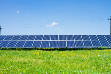 solar panels on green grass with blue sky