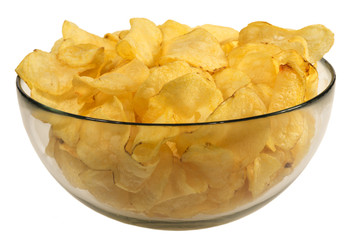 potato chips in a glass bowl isolated on white background