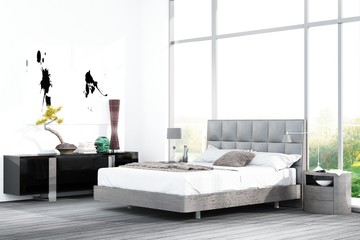 Modern white king-size bed against floor to ceiling window