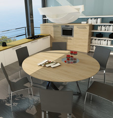 Luxury white kitchen interior with wooden furniture