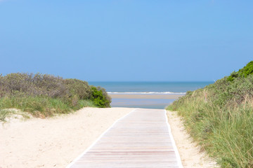 Wood walkway to the beach between dunes