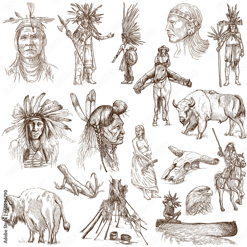 Wall mural indians and wild west. collection of hand drawn illustrations