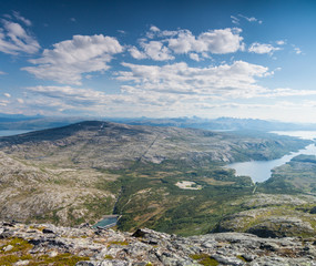 Naklejka na ściany i meble View with fjord and lake from a peak in Northern Norway