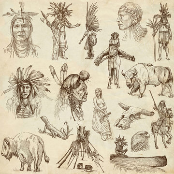 INDIANS and Wild West. Collection of hand drawn illustrations