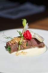 Image of tasty meatloaf with parsley on dish
