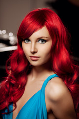 Young woman with luxurious long beautiful red hair in a blue fas