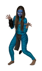 Young girl in a theatrical costume, blue, like a cat with a pain