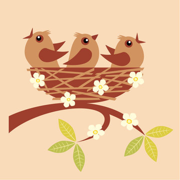 Illustration of cute little birds sitting in a nest.