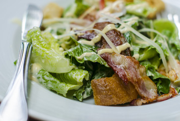 Closed up bowl of caesar salad