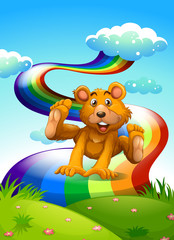 A hilltop with a playful bear near the rainbow