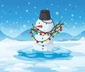 A snowman above an iceberg with a pail above its head