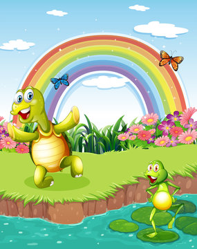 A turtle and a frog playing at the pond with a rainbow above