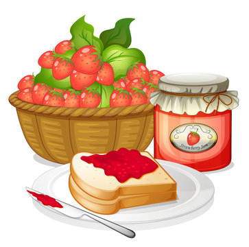 Strawberries, strawberry jam and a sandwich
