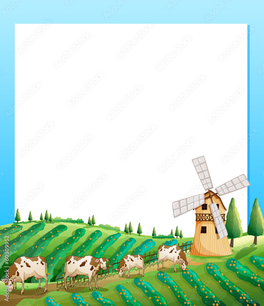 Poster An empty template with a farm and cows at the bottom