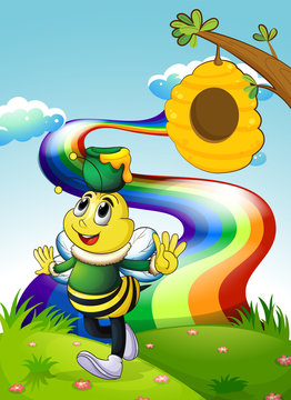 A smiling bee carrying a pot of honey at the hilltop with a rain