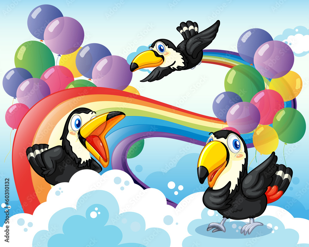 Canvas Prints three birds near the rainbow and balloons