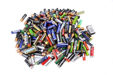 Different types of used batteries ready for recycling - obrazy, fototapety, plakaty