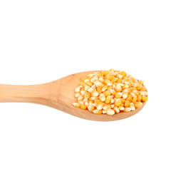 Corn grain in wooden spoon.