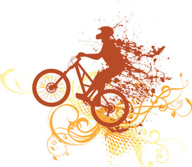Vector biker silhouette with ink splashes and floral ornaments
