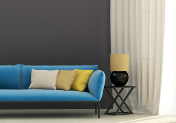 Gray interior with blue sofa