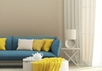 Light interior with blue sofa