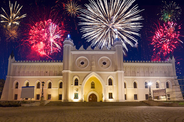 Firework display over the castle in Lublin, Poland