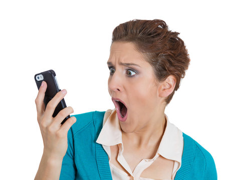 shocked business woman, employee talking on cell phone