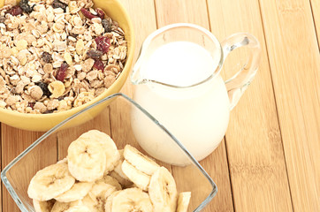 Delicious and healthy cereal in bowl with milk