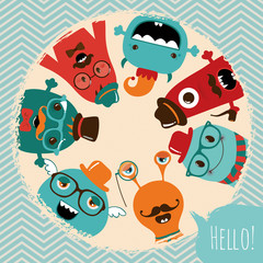 Hipster Retro Monsters Card Design © Vector Queen