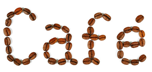 A word Cafe written with coffee beans on a white background
