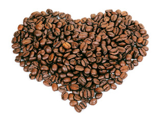 A heart shape created with coffee beans on a white background