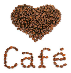 A heart shape with the word Cafe created with coffee beans