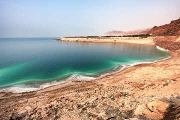 Fototapeta na wymiar Overview of the Dead Sea shore from Jordan side