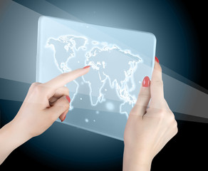 woman hand touch world map and connection