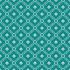 White and Dark Teal Fleur-De-Lis Pattern Textured Fabric Backgro