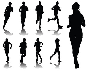 Silhouettes with shadows of running , vector