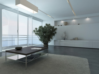 White living room interior with modern furniture